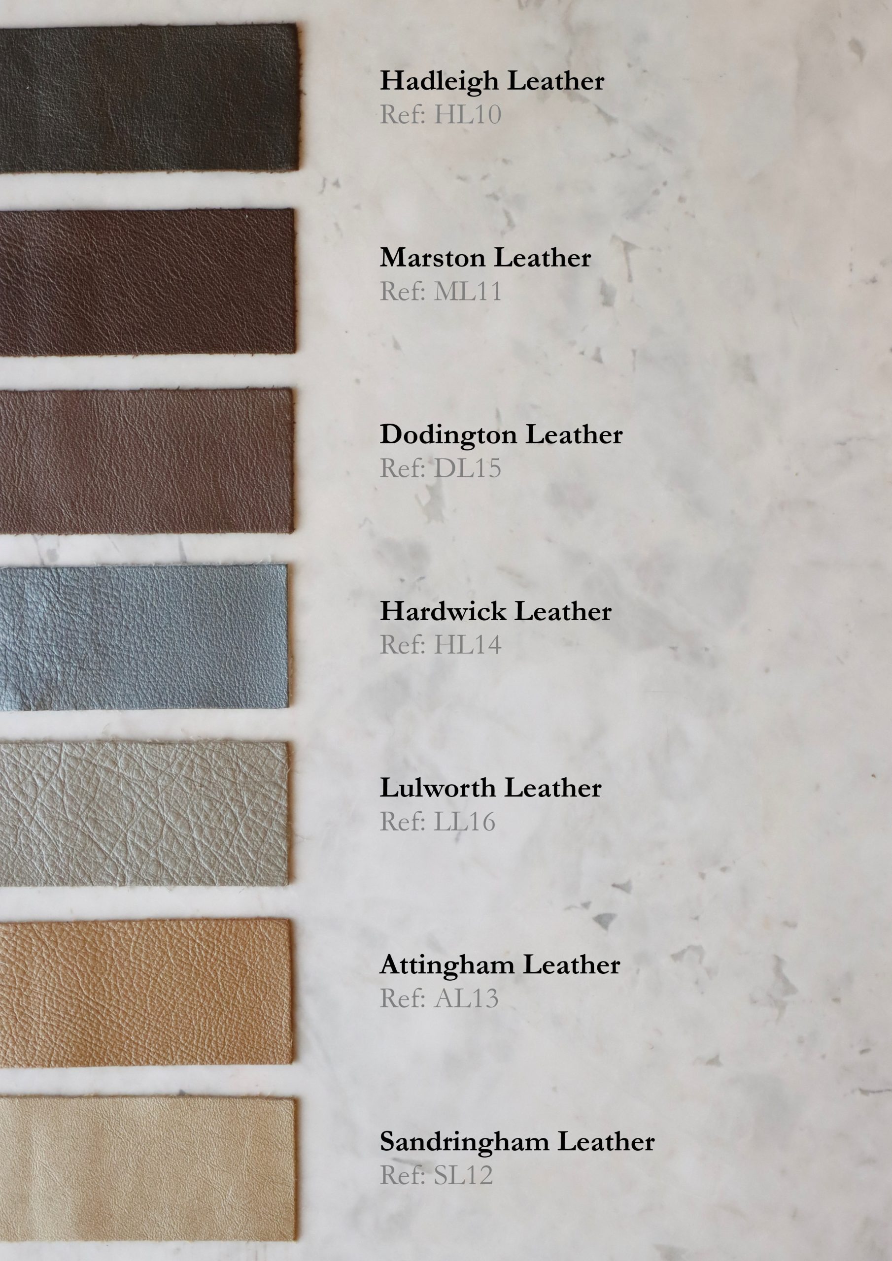 Leather-Wrapped Handrails Thomas Brenton leather finishes range: Hadleigh HL10, Marston ML11, Dodington DL15, Hardwick HL14, Lulworth LL16, Attingham AL13 and Sandringham SL12